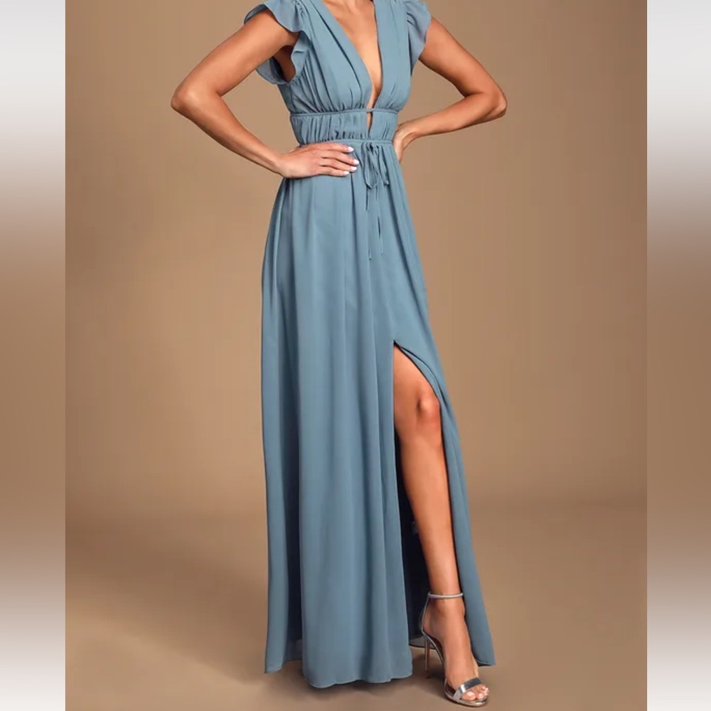 Lulu’s I’m All Yours Slate Blue Ruffled Maxi Dress